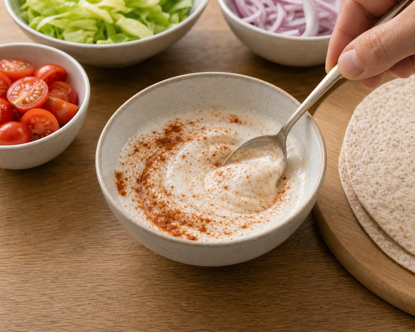 Smoky Chicken Tomato Yoghurt Wraps with Cherry Tomatoes cooking step 3: Make the dressing.