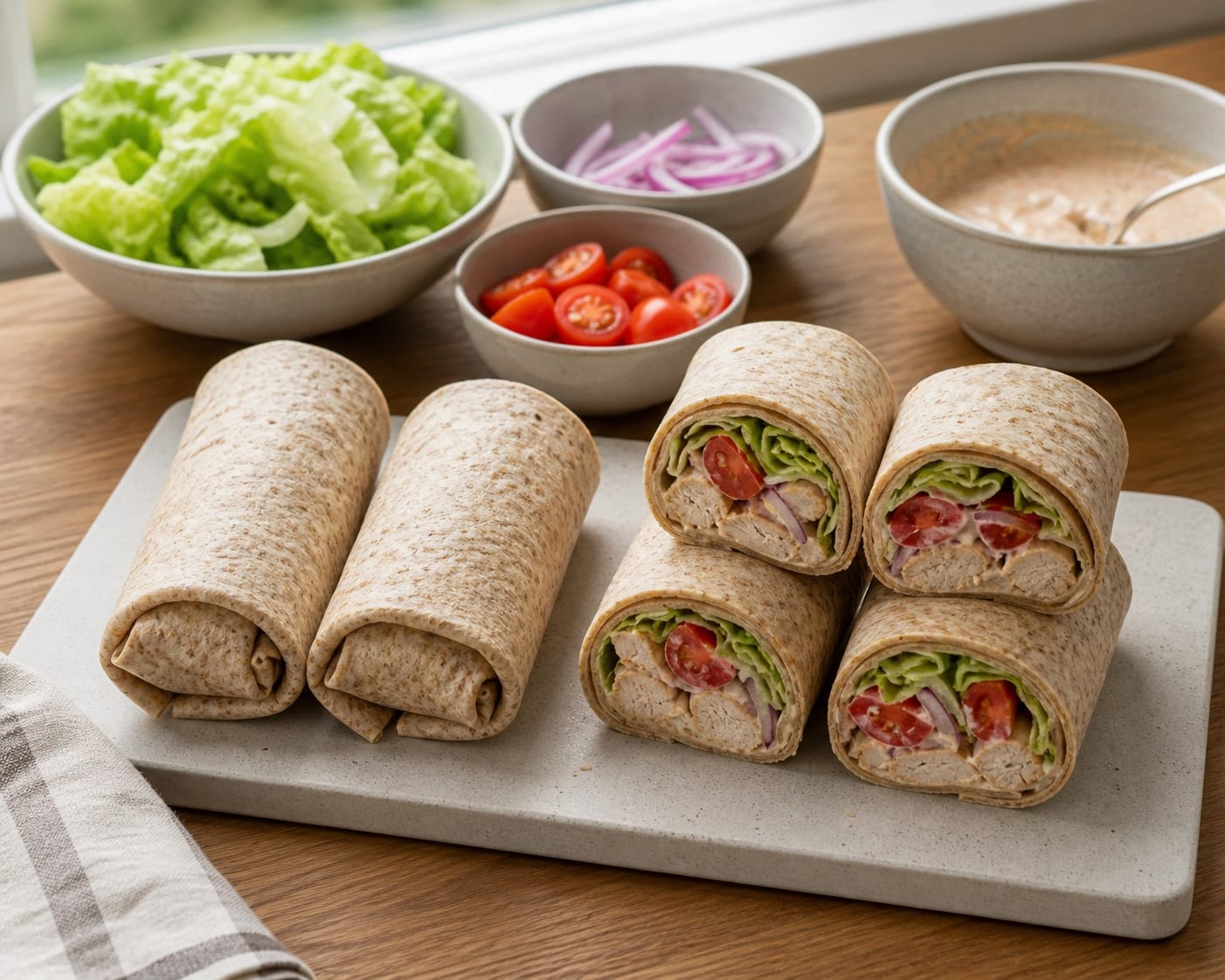 Smoky Chicken Tomato Yoghurt Wraps with Cherry Tomatoes cooking step 5: Roll and pack.