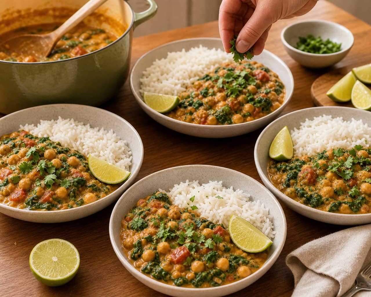 Coconut Chickpea Spinach Curry cooking step 6: Wilt the spinach and serve.