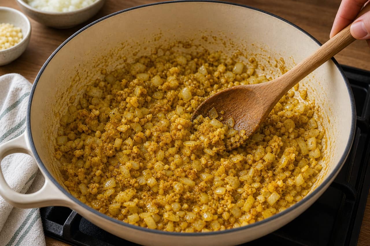 Coconut Lentil Dhal with Jammy Eggs cooking step 3: Soften the onion and spices.