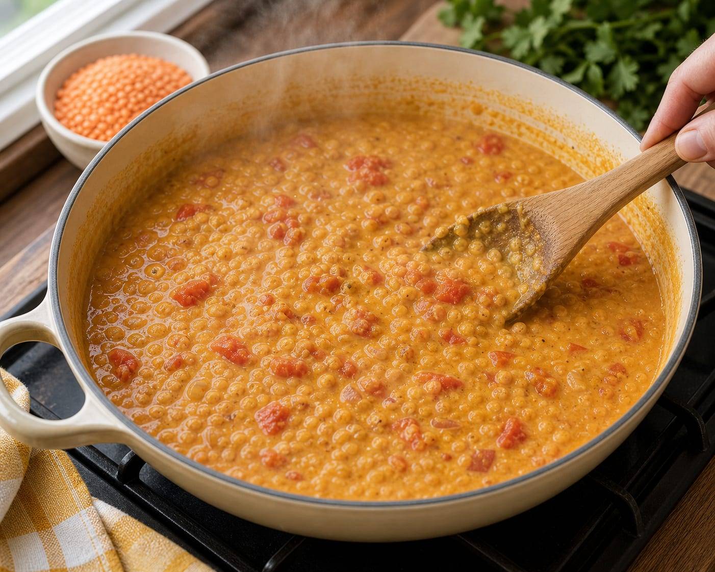 Coconut Lentil Dhal with Jammy Eggs cooking step 4: Simmer the dhal.