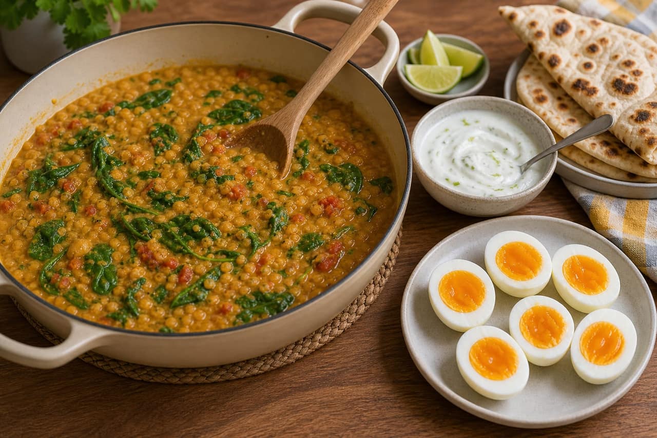 Coconut Lentil Dhal with Jammy Eggs cooking step 5: Finish the dhal and yogurt.