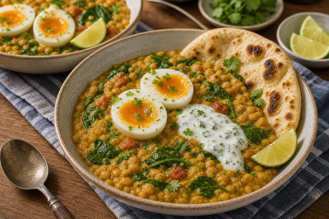 Coconut Lentil Dhal with Jammy Eggs cooking step 6: Serve with eggs and naan.