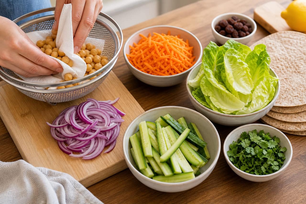 Coronation Chickpea Crunch Wraps cooking step 1: Prepare the crunchy filling.