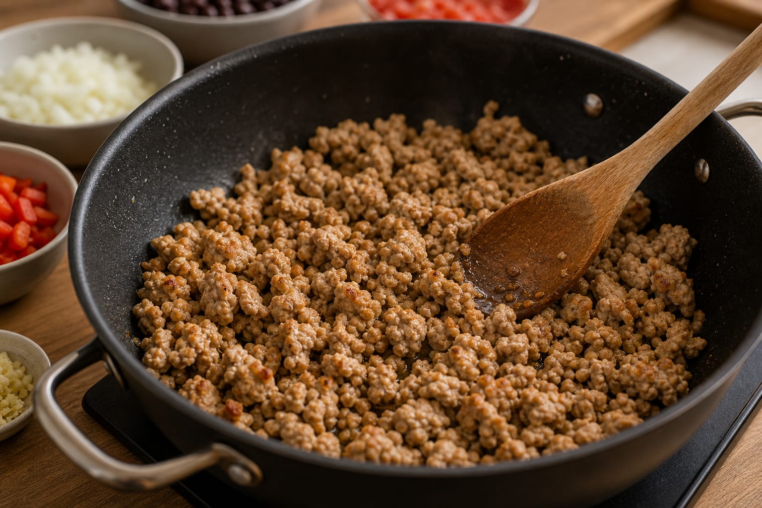 Cuban-Style Turkey Picadillo Rice Bowls cooking step 3: Brown the turkey.