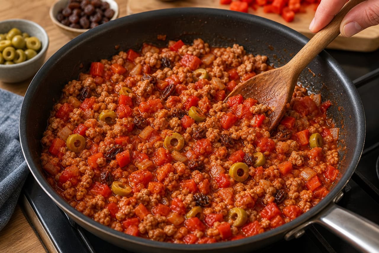 Cuban-Style Turkey Picadillo Rice Bowls cooking step 4: Build the picadillo sauce.