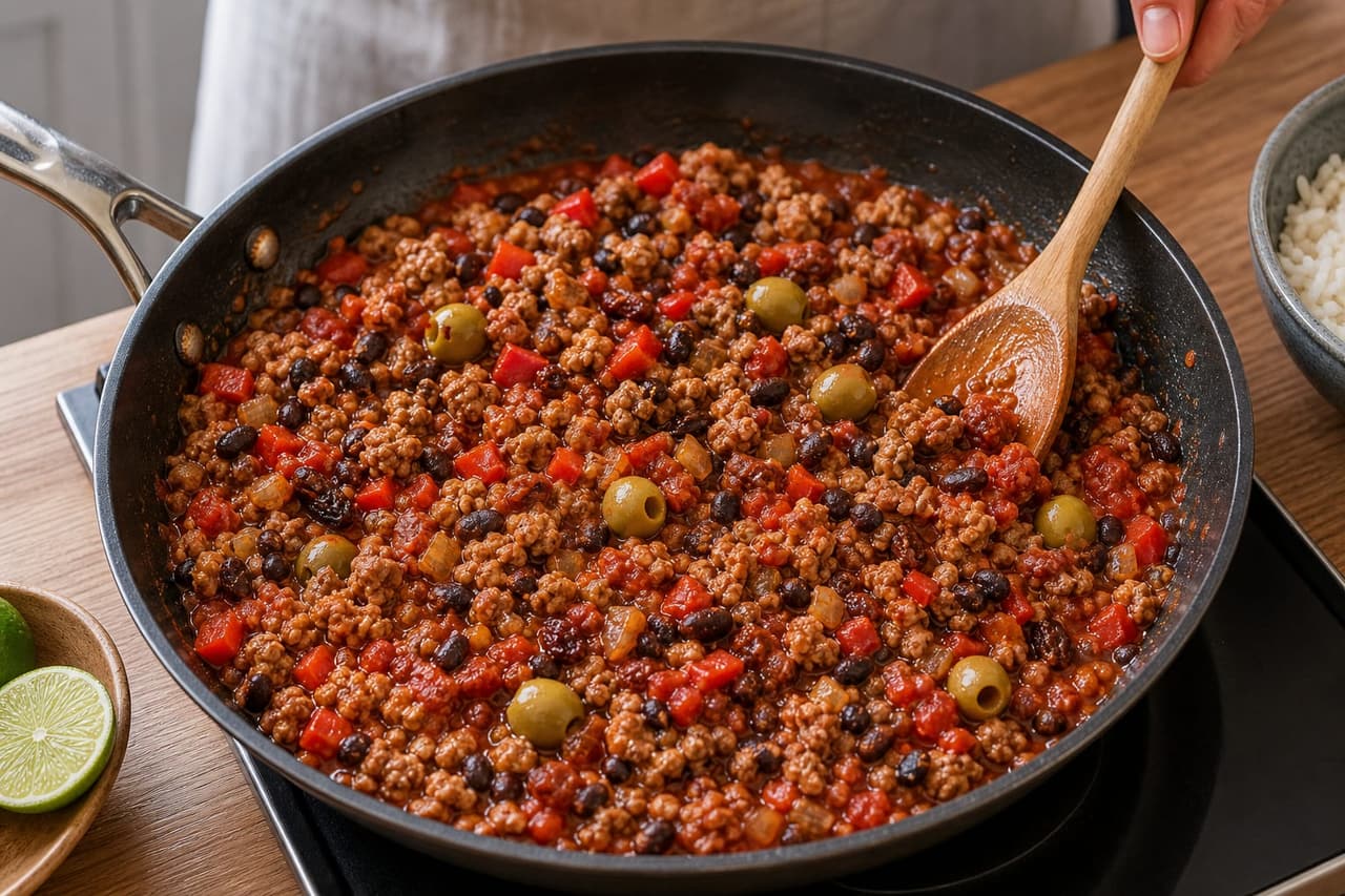 Cuban-Style Turkey Picadillo Rice Bowls cooking step 5: Simmer with black beans.