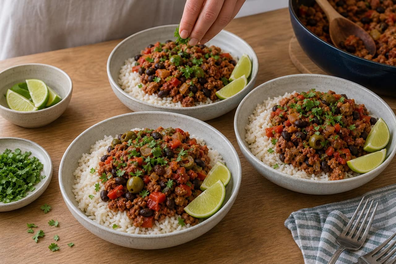 Cuban-Style Turkey Picadillo Rice Bowls cooking step 6: Serve the bowls.