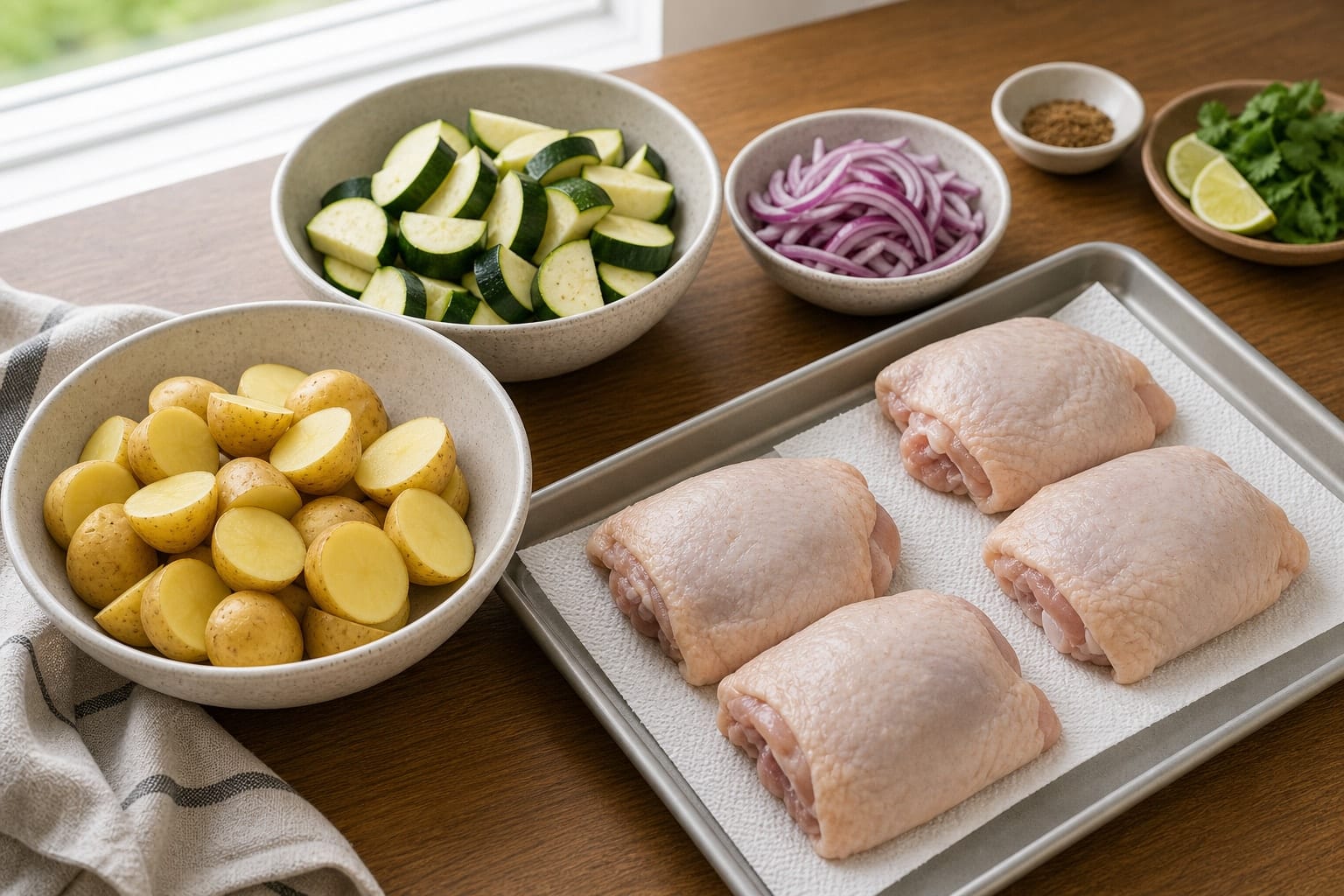 Fragrant Cumin Chicken Courgette Traybake with Lime and Coriander cooking step 1: Prepare the tray.