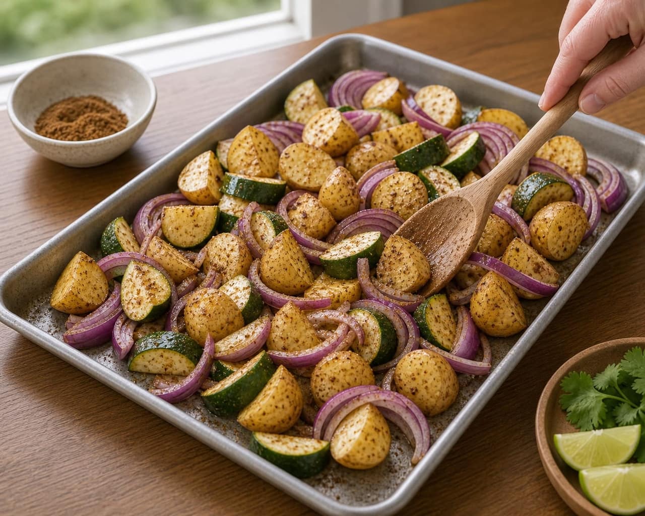 Fragrant Cumin Chicken Courgette Traybake with Lime and Coriander cooking step 2: Season the base.