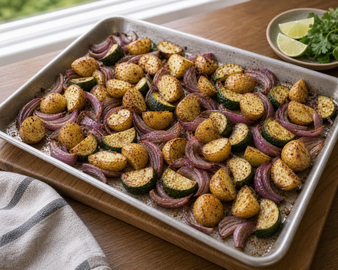 Fragrant Cumin Chicken Courgette Traybake with Lime and Coriander cooking step 3: Roast the vegetables.