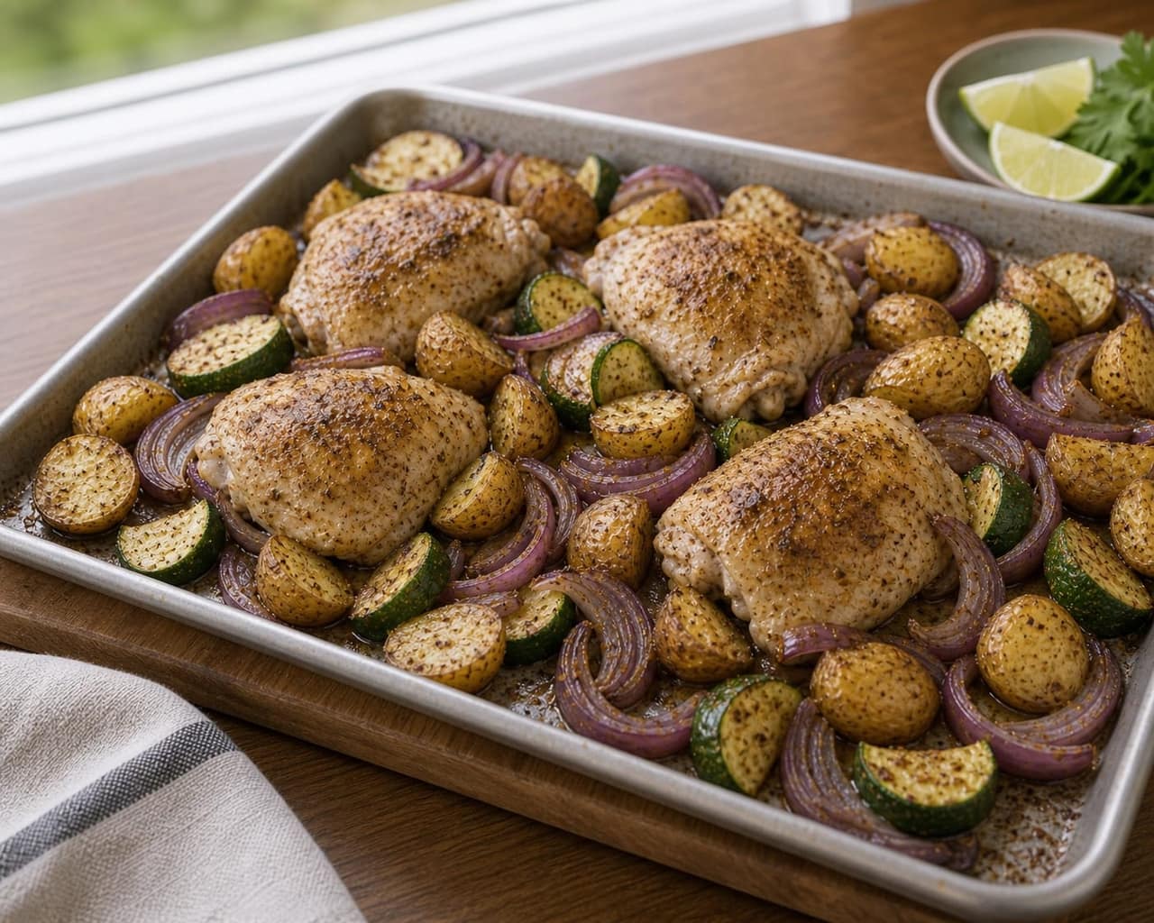 Fragrant Cumin Chicken Courgette Traybake with Lime and Coriander cooking step 4: Add the protein.
