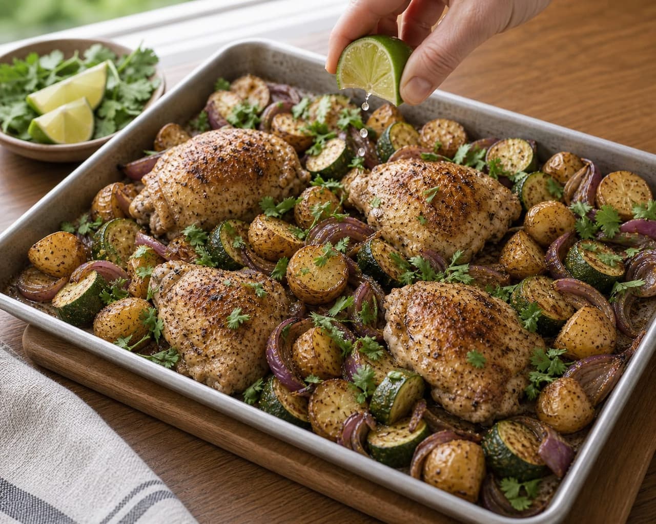 Fragrant Cumin Chicken Courgette Traybake with Lime and Coriander cooking step 5: Add freshness.