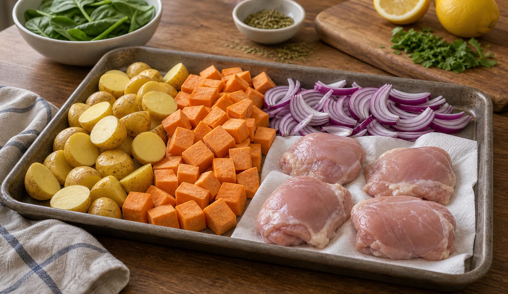 Curry Chicken Sweet Potato Traybake cooking step 1: Prepare the tray.