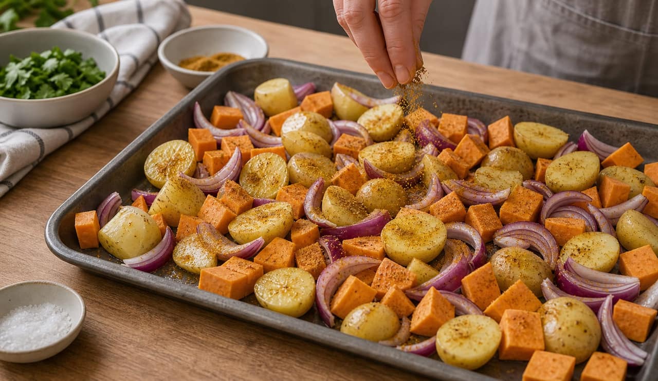 Curry Chicken Sweet Potato Traybake cooking step 2: Season the base.