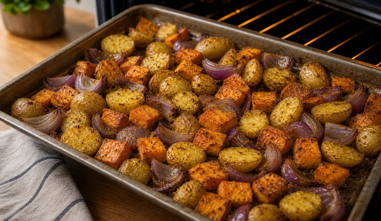 Curry Chicken Sweet Potato Traybake cooking step 3: Roast the vegetables.
