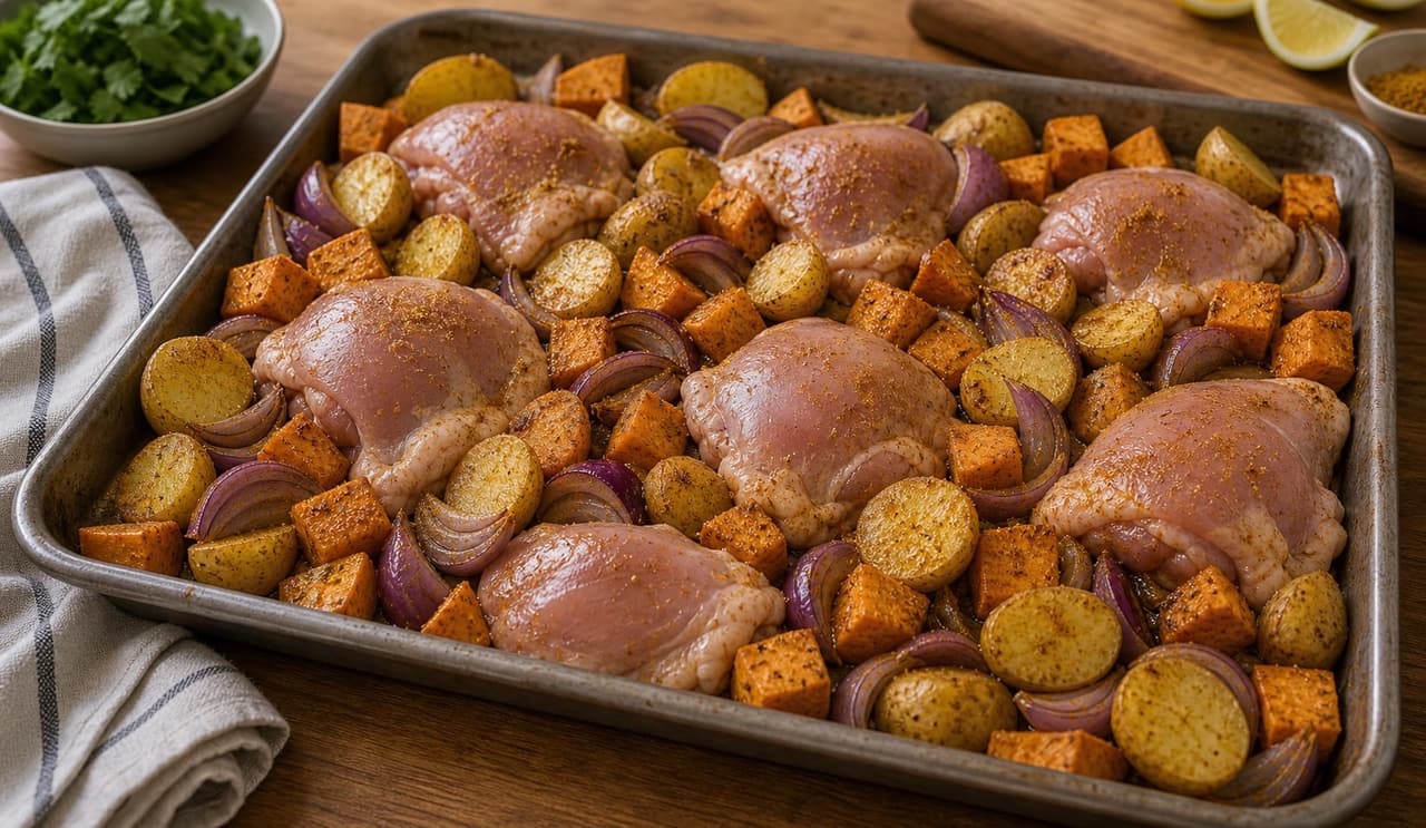 Curry Chicken Sweet Potato Traybake cooking step 4: Add the protein.