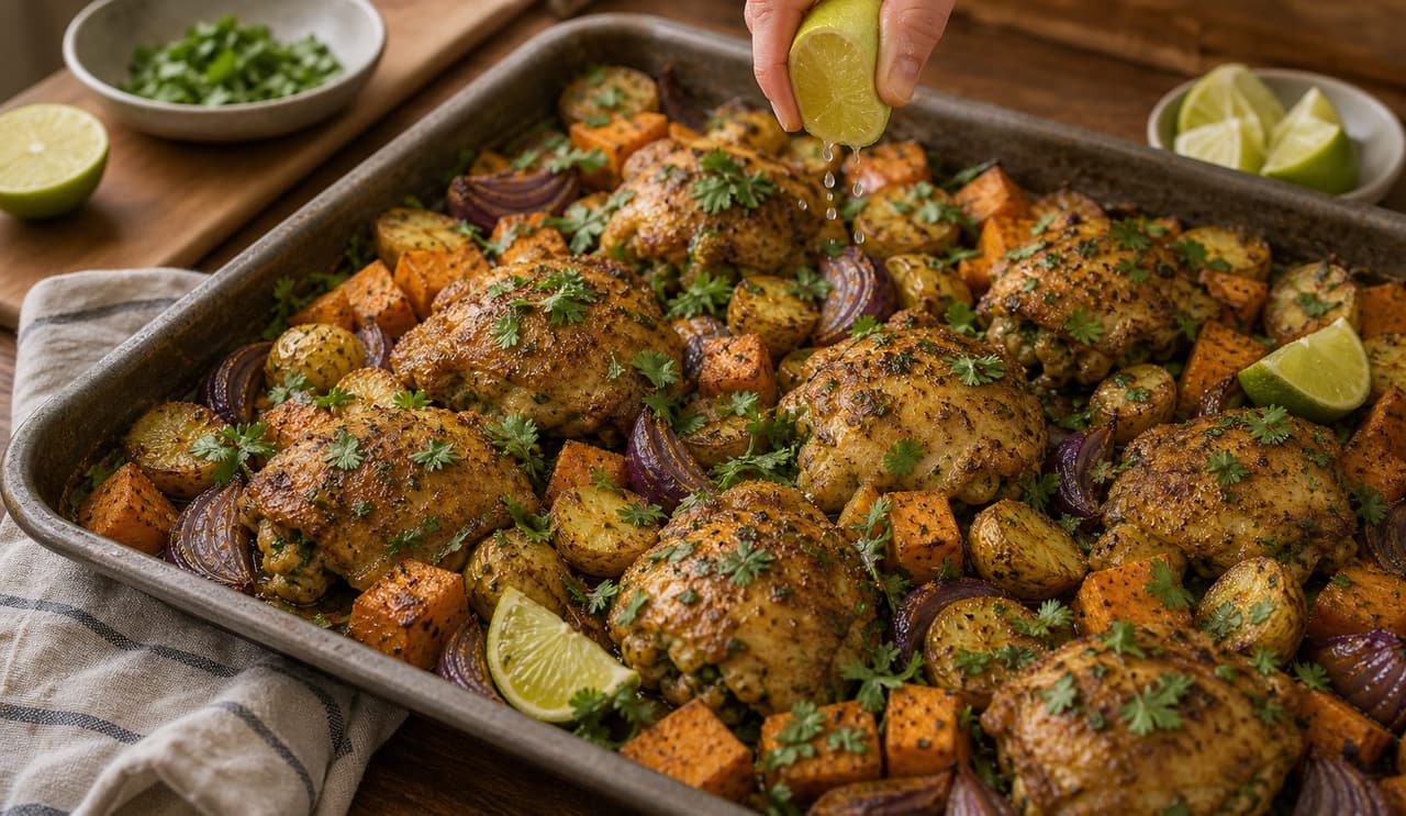 Curry Chicken Sweet Potato Traybake cooking step 5: Add freshness.