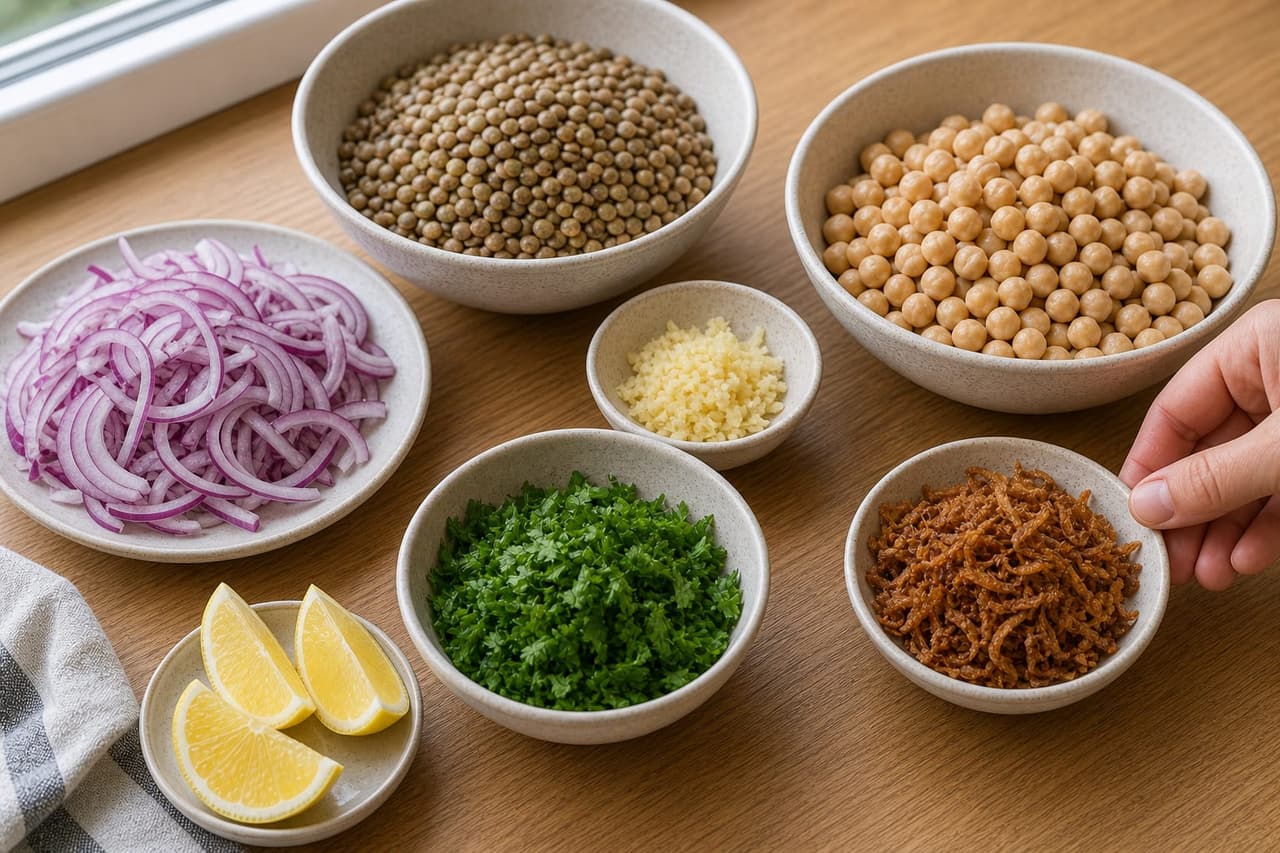 Egyptian-Style Koshari Lentil Bowls cooking step 1: Prepare the lentils and aromatics.