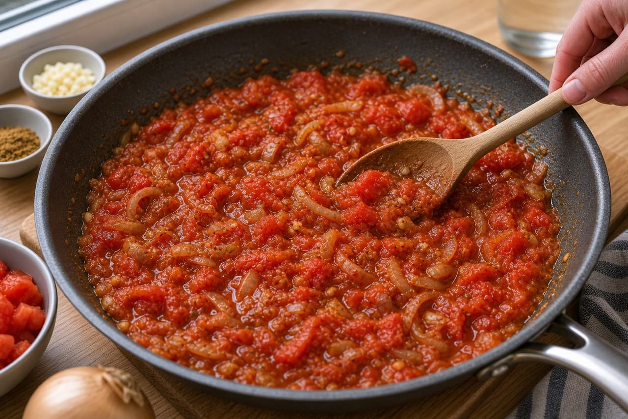 Egyptian-Style Koshari Lentil Bowls cooking step 3: Make the tomato sauce.