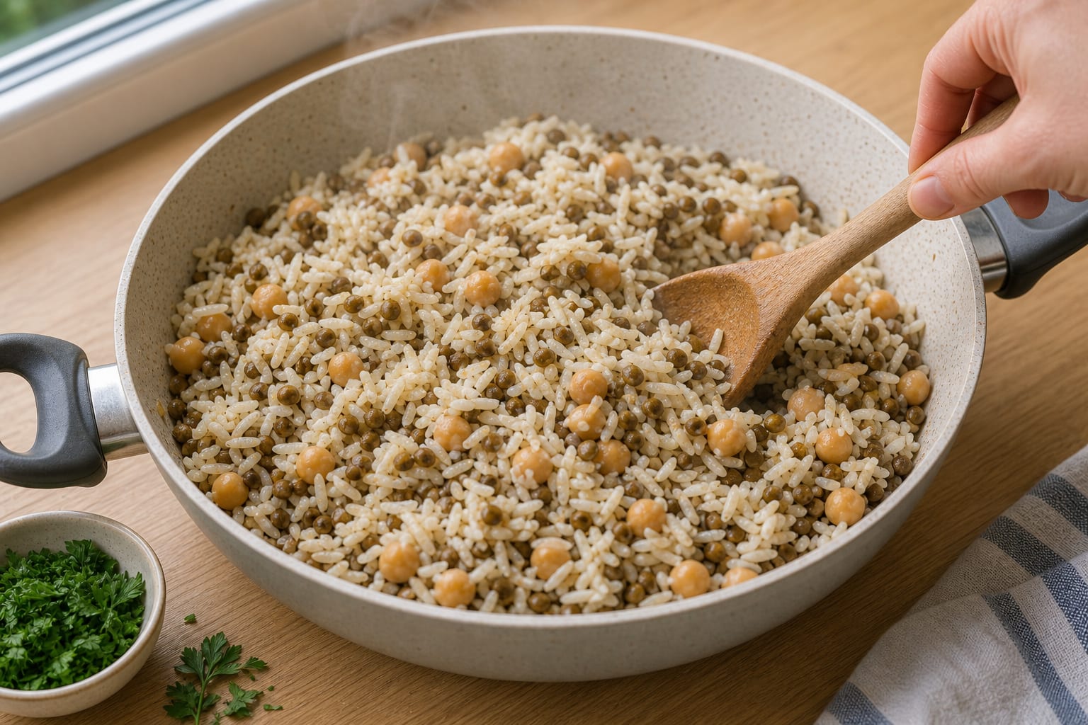 Egyptian-Style Koshari Lentil Bowls cooking step 4: Warm the rice and pulses.