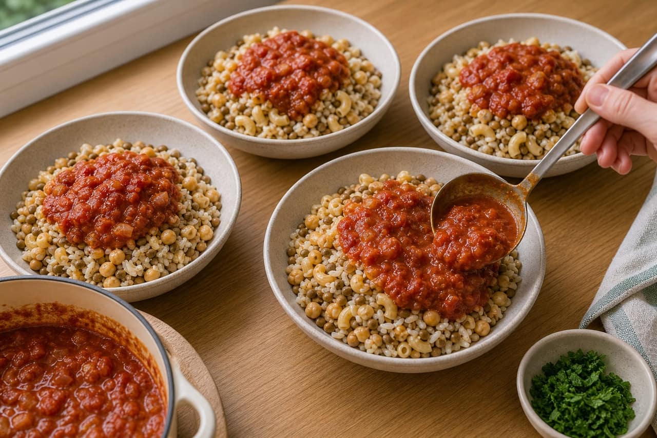 Egyptian-Style Koshari Lentil Bowls cooking step 5: Build the bowls.