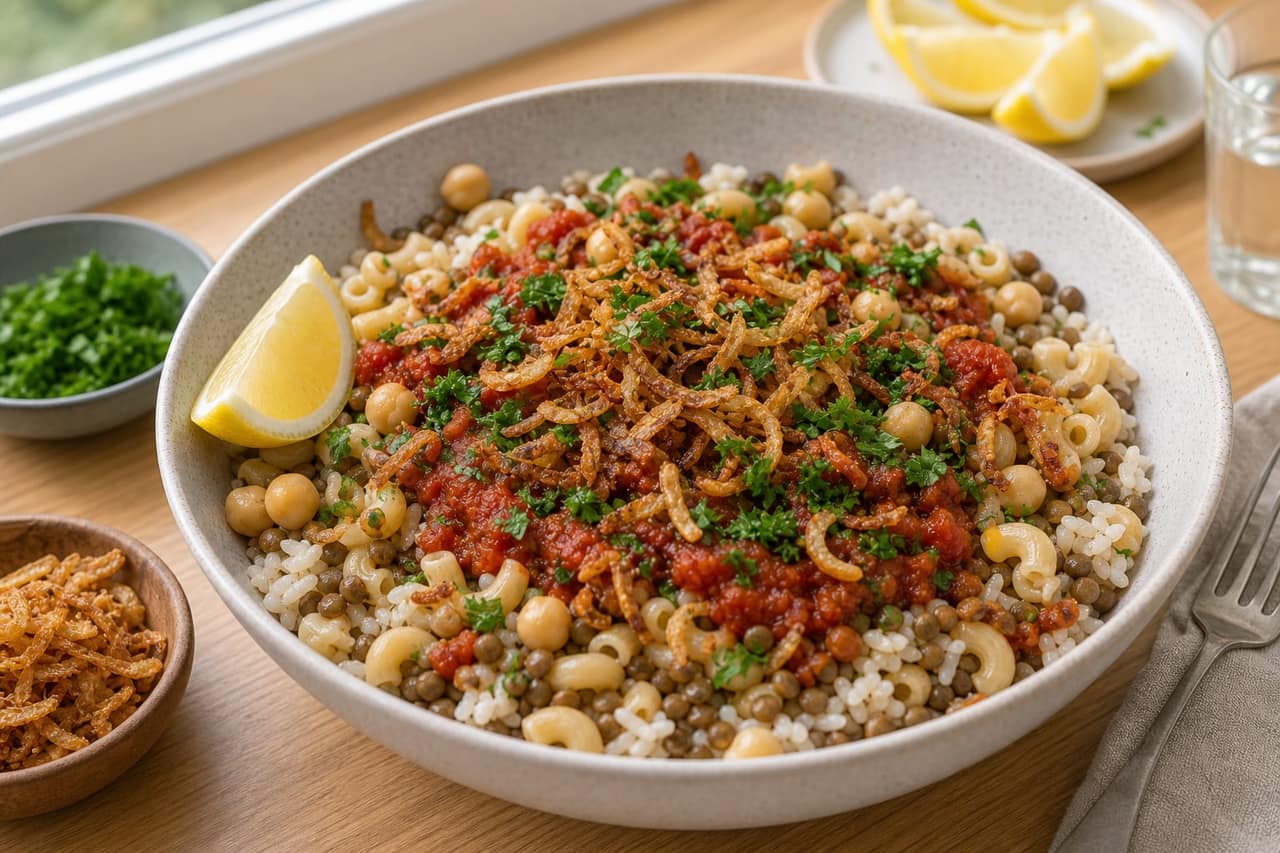 Egyptian-Style Koshari Lentil Bowls cooking step 6: Finish with crispy onions.