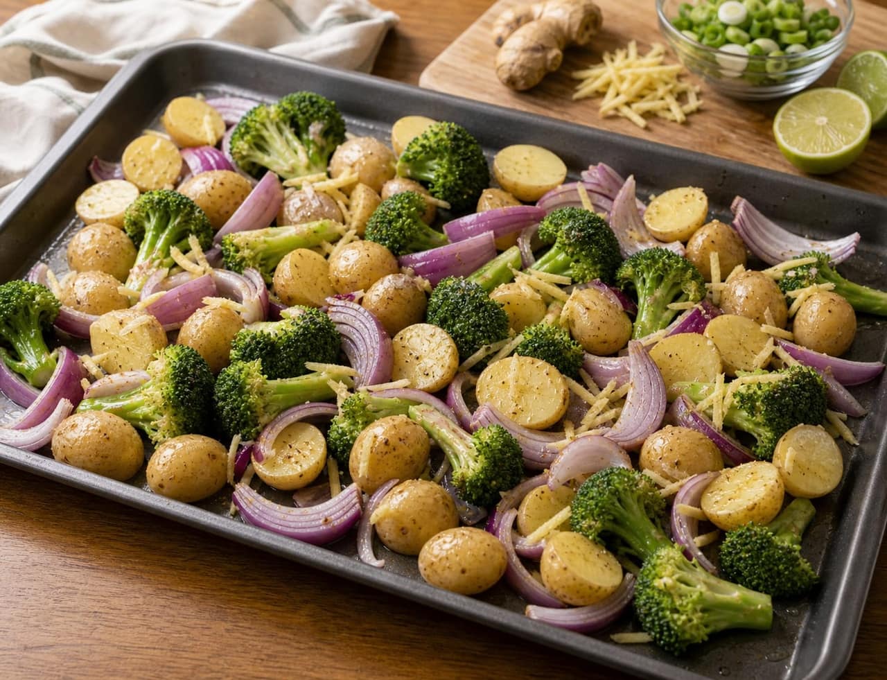 Fragrant Ginger Chicken Broccoli Traybake with Lime and Spring Onion cooking step 2: Season the base.