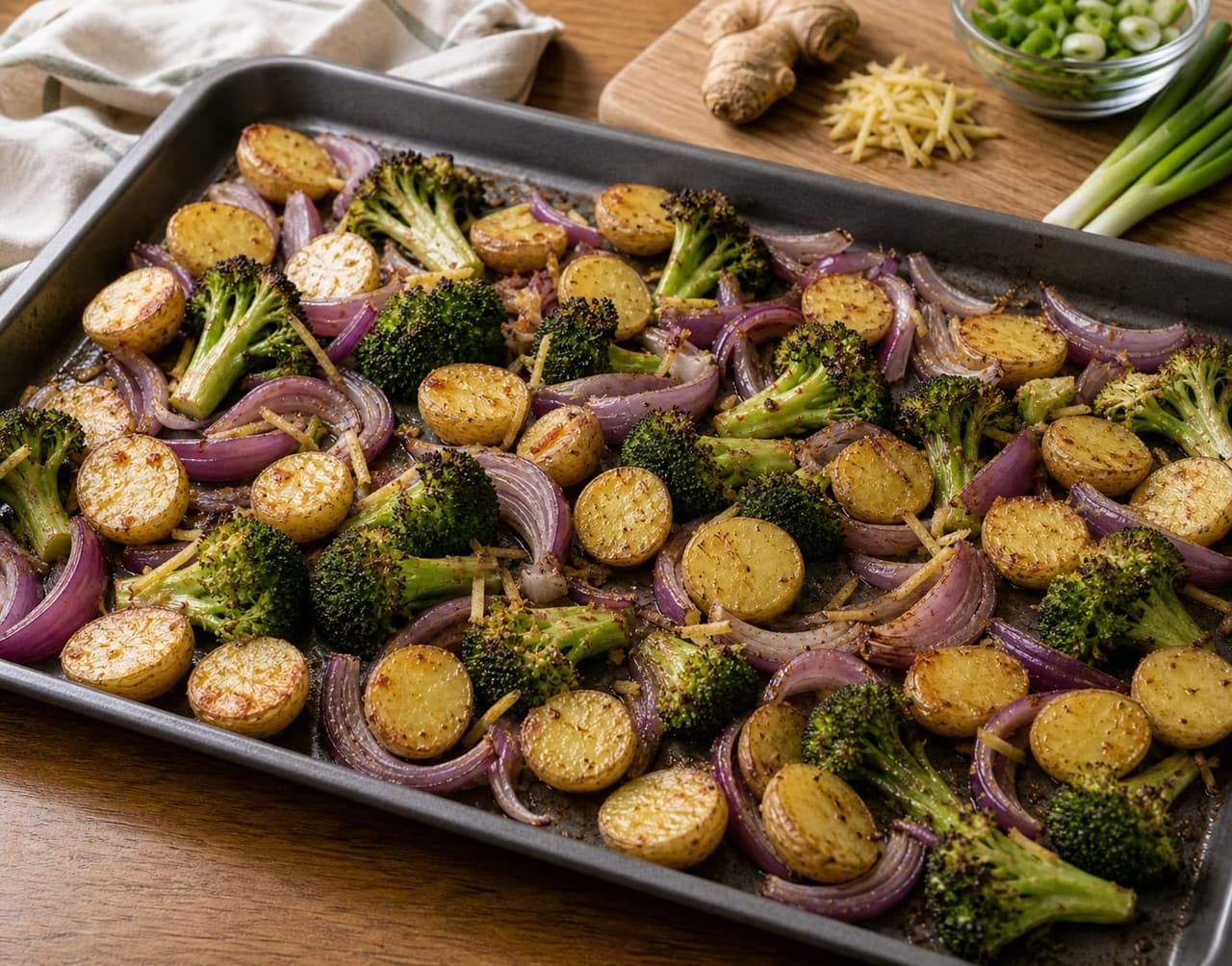 Fragrant Ginger Chicken Broccoli Traybake with Lime and Spring Onion cooking step 3: Roast the vegetables.