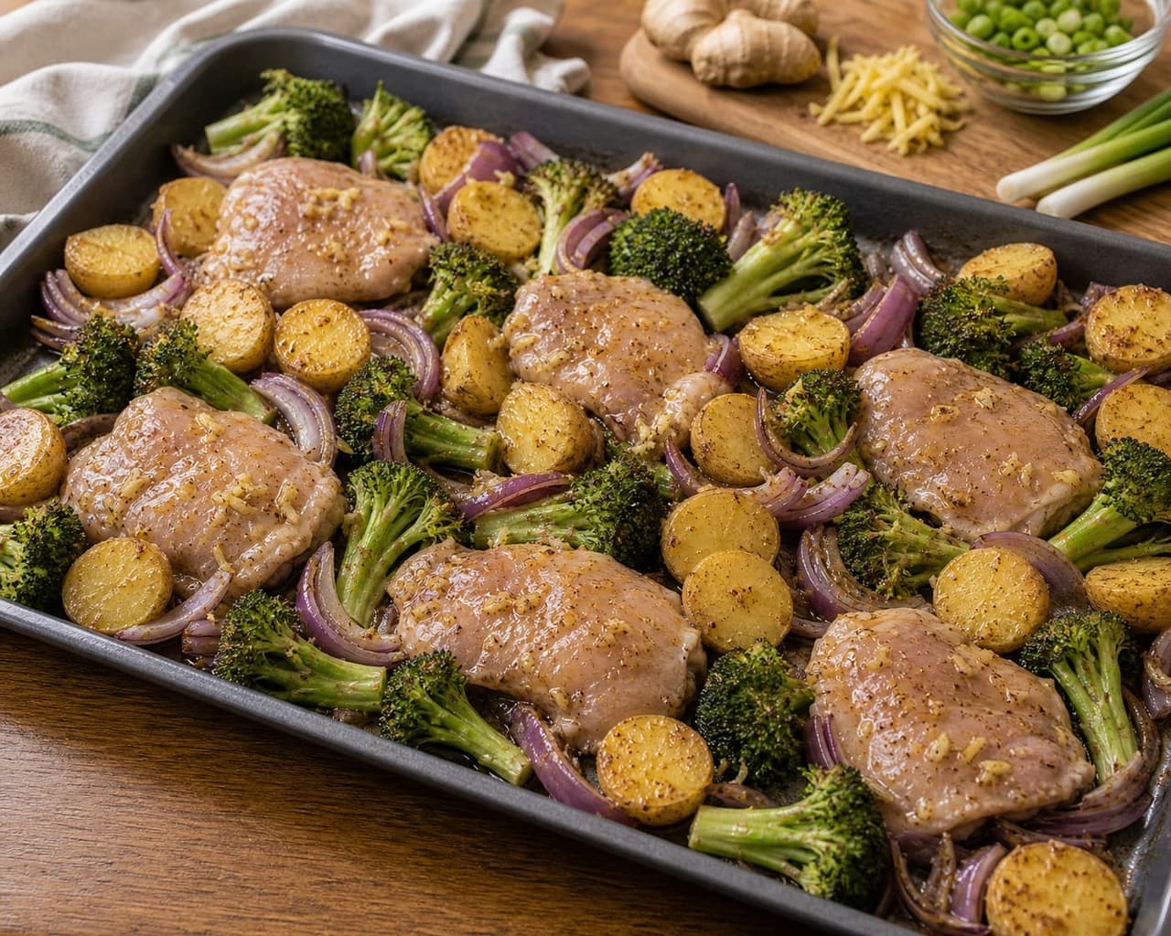Fragrant Ginger Chicken Broccoli Traybake with Lime and Spring Onion cooking step 4: Add the protein.
