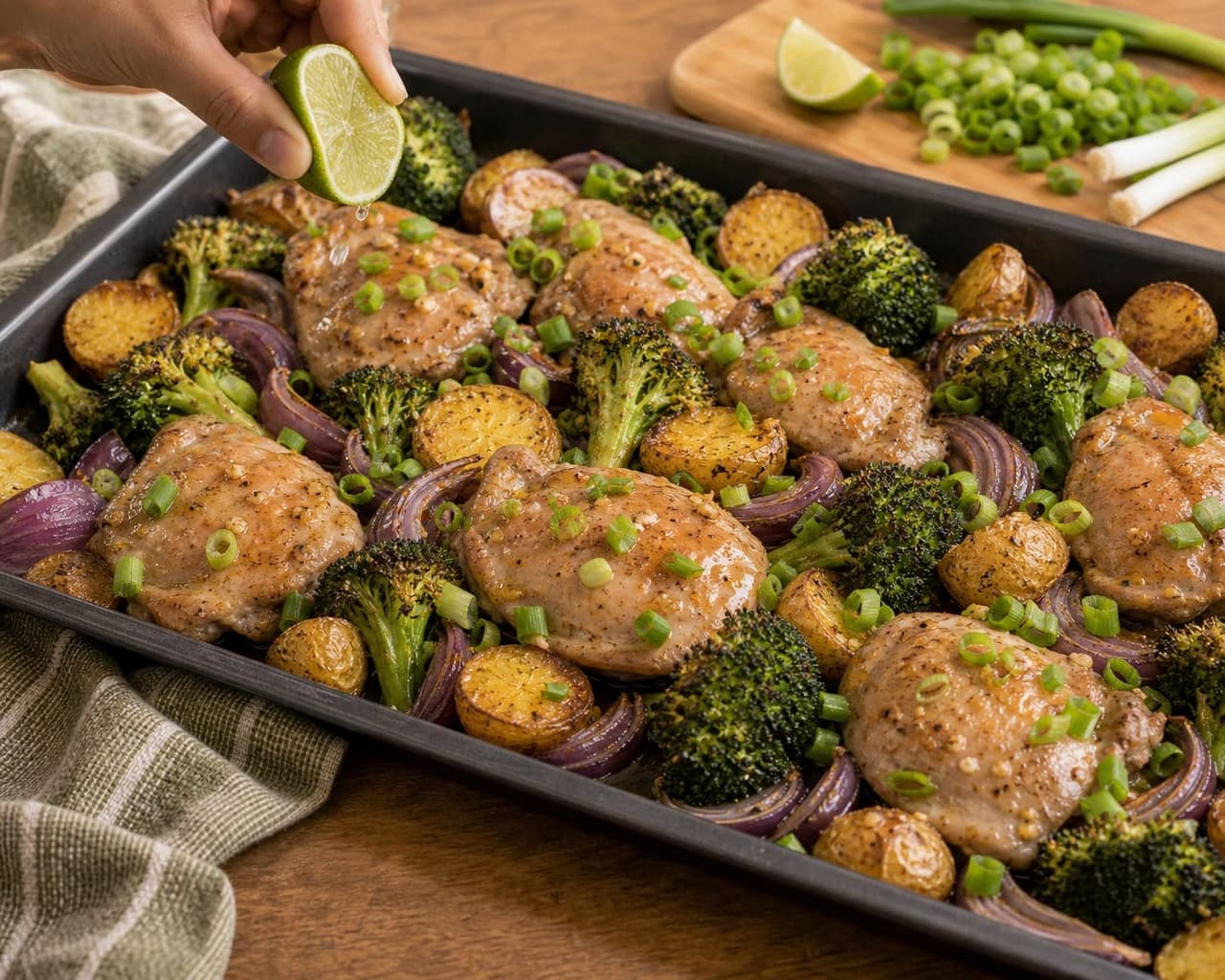 Fragrant Ginger Chicken Broccoli Traybake with Lime and Spring Onion cooking step 5: Add freshness.