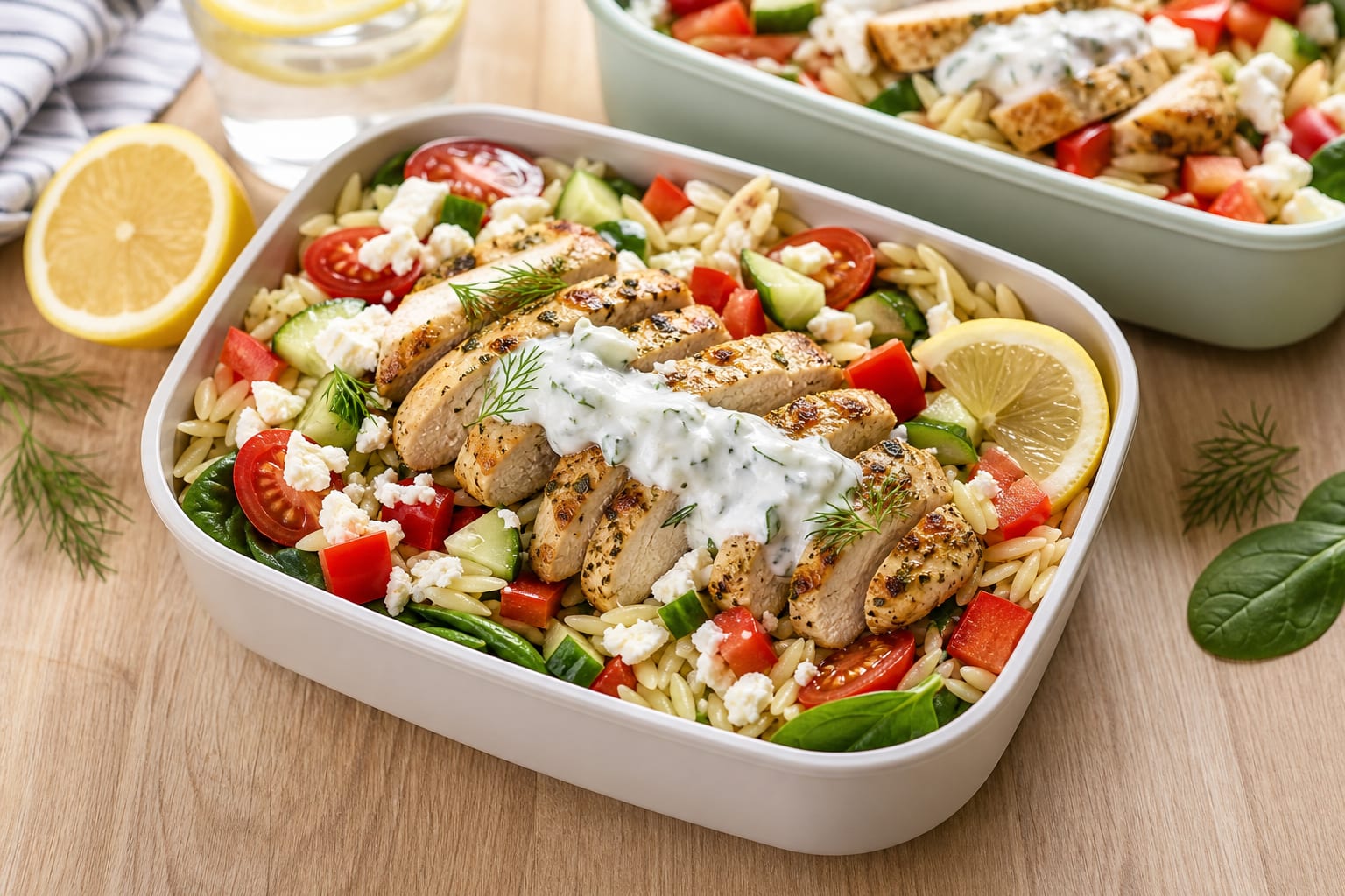 Greek Chicken Tzatziki Orzo Boxes plated and ready to serve.