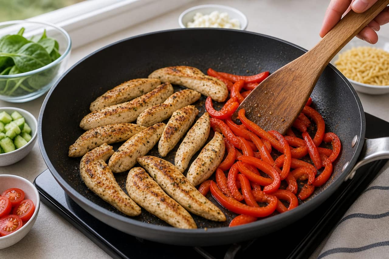 Greek Chicken Tzatziki Orzo Boxes cooking step 3: Cook the chicken and pepper.