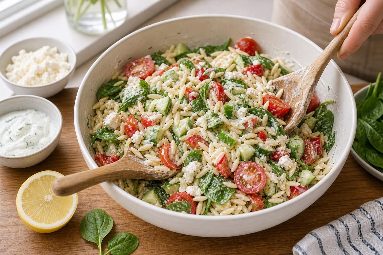 Greek Chicken Tzatziki Orzo Boxes cooking step 5: Toss the orzo salad.
