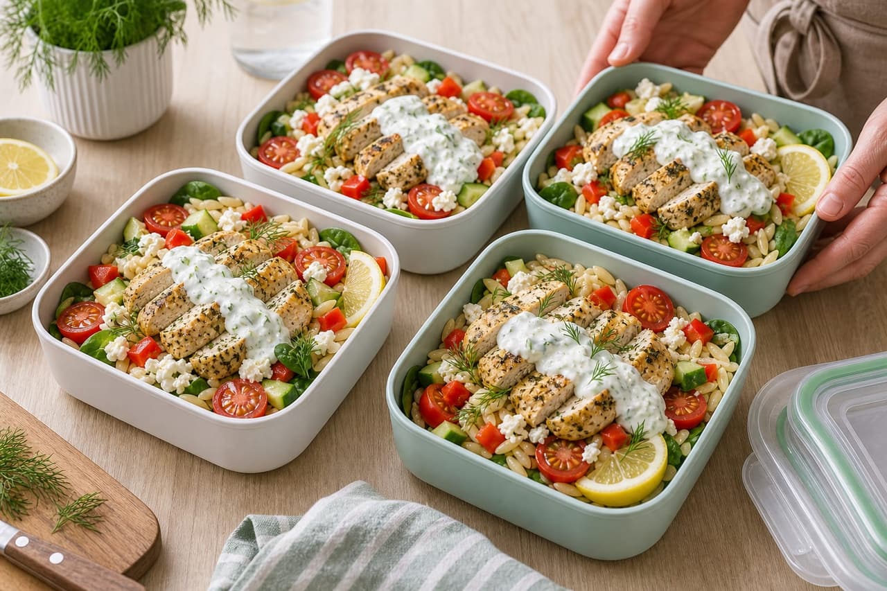 Greek Chicken Tzatziki Orzo Boxes cooking step 6: Pack the lunch boxes.
