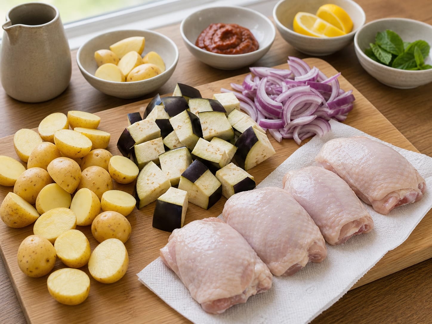 Spiced Harissa Chicken Aubergine Traybake with Lemon and Mint cooking step 1: Prepare the tray.