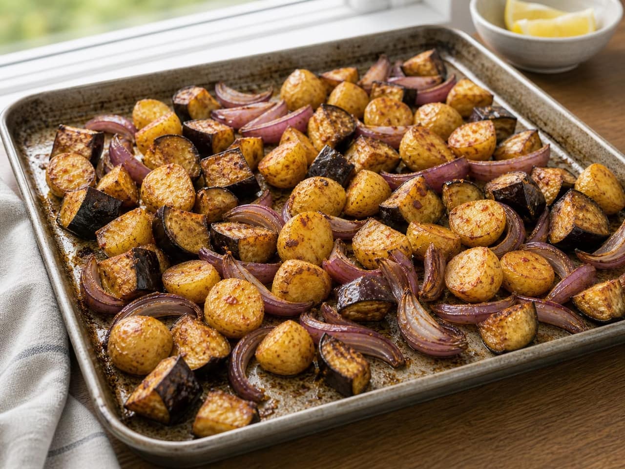 Spiced Harissa Chicken Aubergine Traybake with Lemon and Mint cooking step 3: Roast the vegetables.