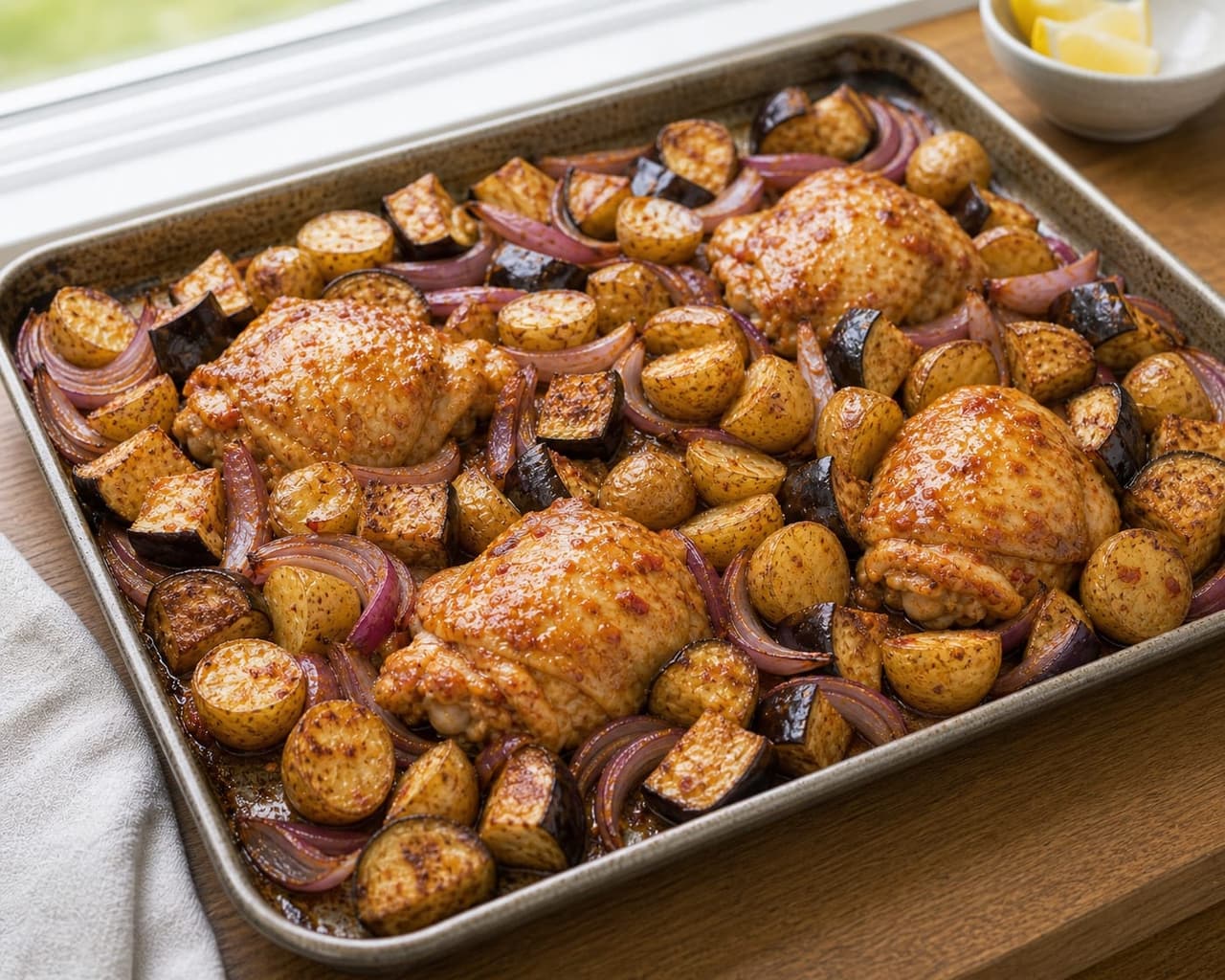 Spiced Harissa Chicken Aubergine Traybake with Lemon and Mint cooking step 4: Add the protein.