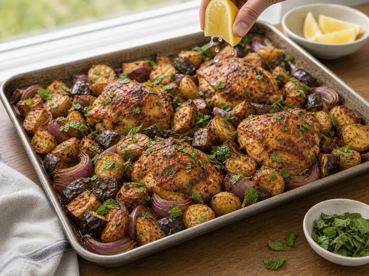 Spiced Harissa Chicken Aubergine Traybake with Lemon and Mint cooking step 5: Add freshness.
