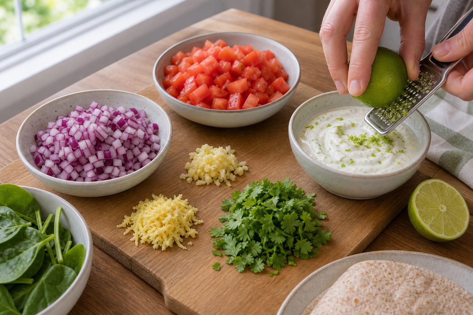 Indian-Style Masala Egg Breakfast Wraps cooking step 1: Prepare the vegetables and yoghurt.
