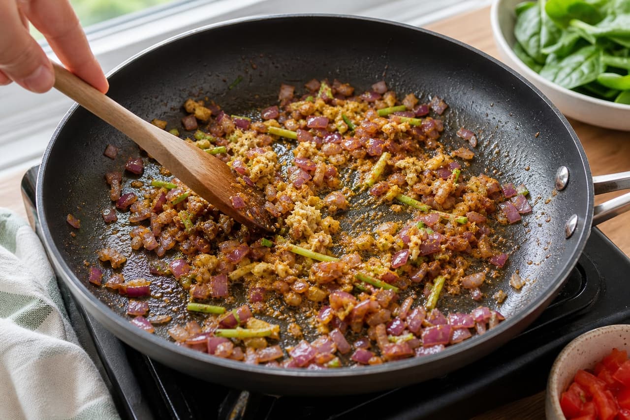 Indian-Style Masala Egg Breakfast Wraps cooking step 2: Cook the masala base.
