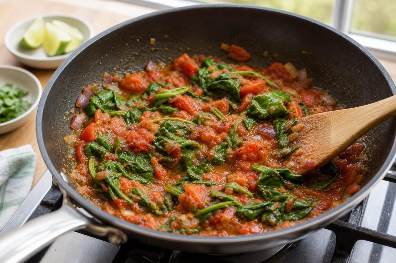 Indian-Style Masala Egg Breakfast Wraps cooking step 3: Soften tomatoes and spinach.