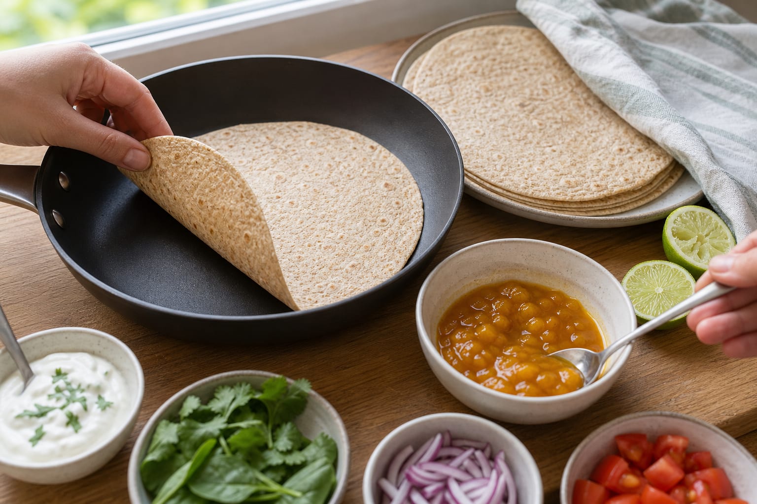 Indian-Style Masala Egg Breakfast Wraps cooking step 5: Warm the wraps.