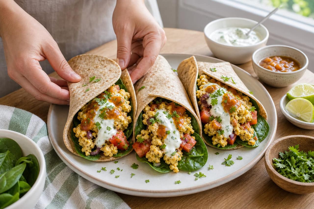 Indian-Style Masala Egg Breakfast Wraps cooking step 6: Fill and serve.