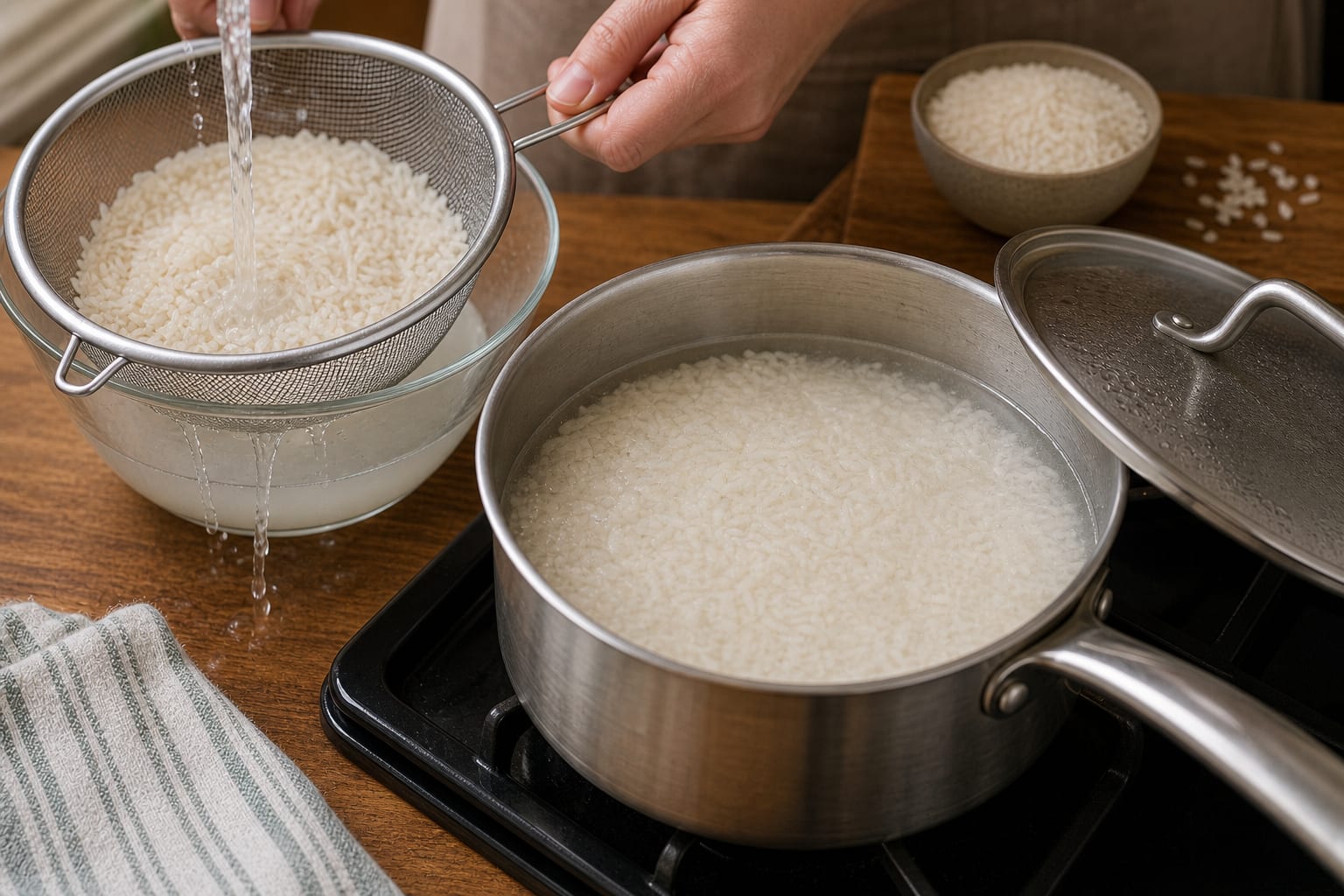 Japanese-Style Pork Soboro Rice Bowls cooking step 1: Cook the rice.