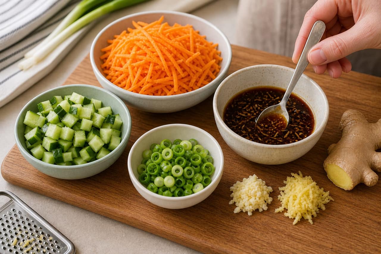 Japanese-Style Pork Soboro Rice Bowls cooking step 2: Prepare the vegetables and sauce.