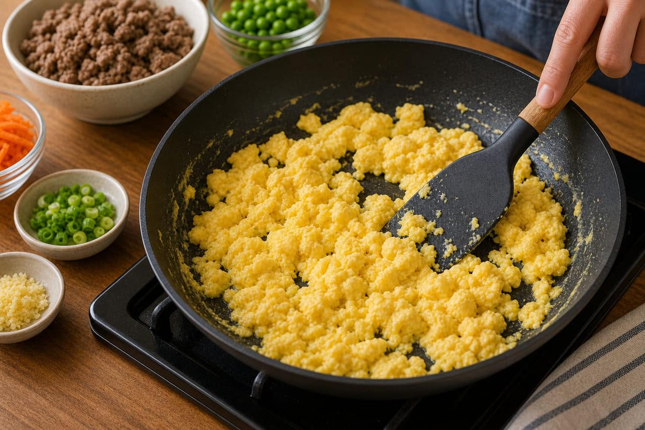 Japanese-Style Pork Soboro Rice Bowls cooking step 4: Scramble the eggs.