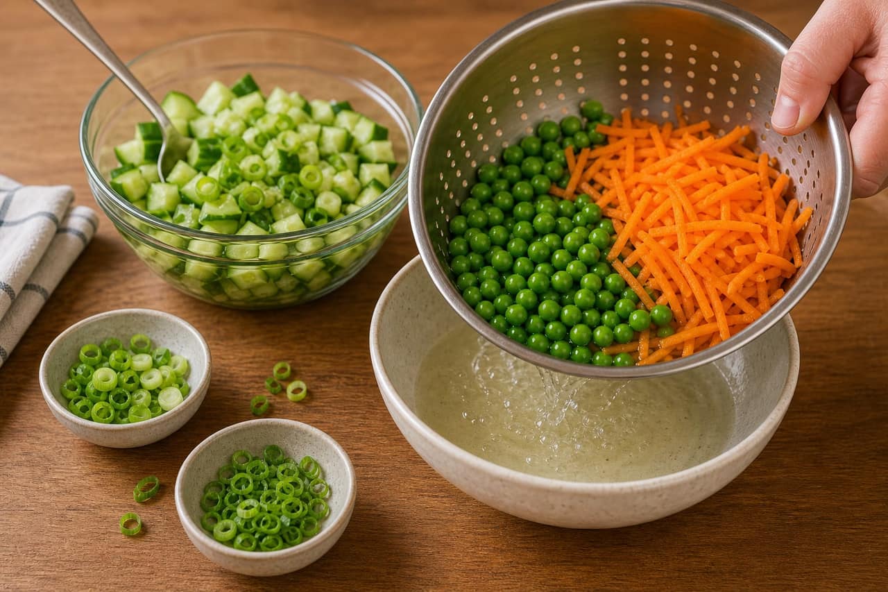 Japanese-Style Pork Soboro Rice Bowls cooking step 5: Warm the vegetables.