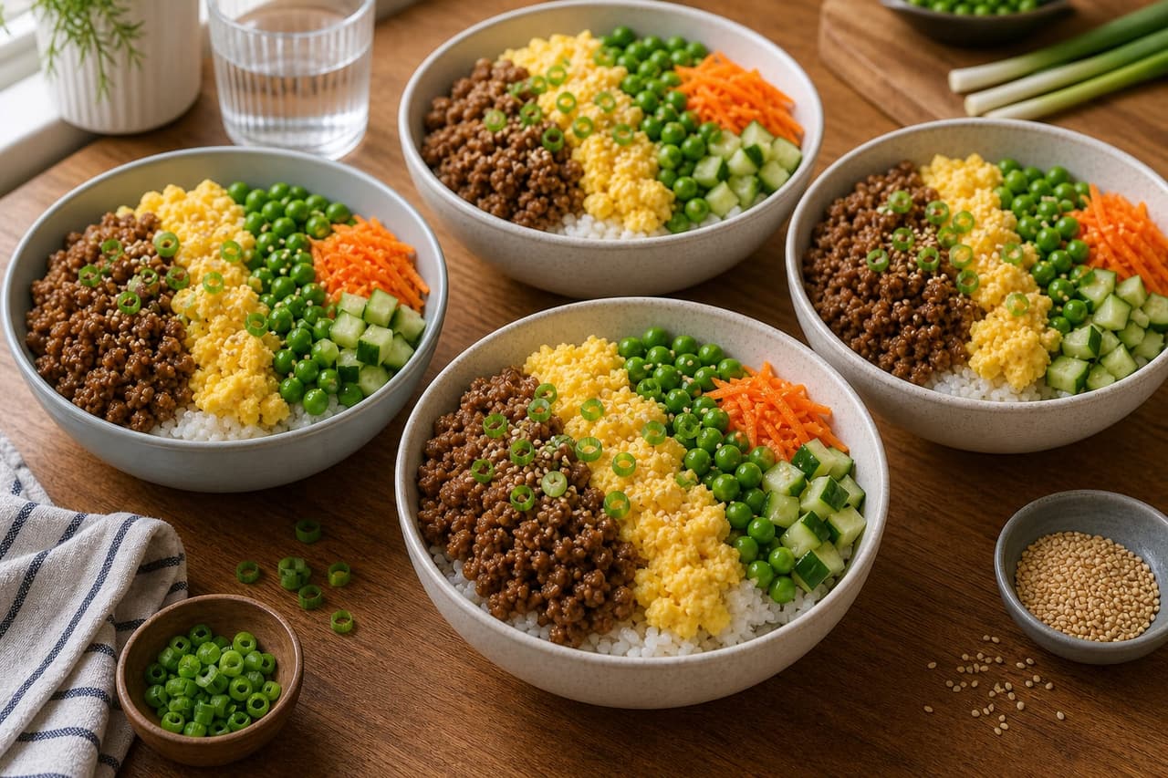 Japanese-Style Pork Soboro Rice Bowls cooking step 6: Assemble the bowls.
