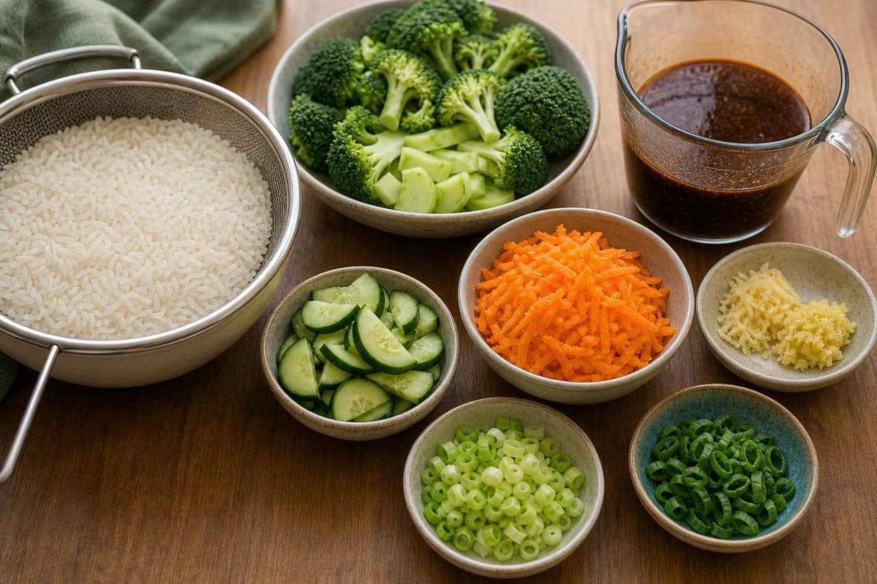 Korean-Style Beef Bulgogi Rice Bowls cooking step 1: Prepare the rice, vegetables, and sauce.